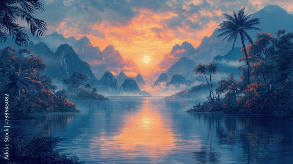 Malarstwo przedstawiające zachód słońca przy tropikalnej szerokiej rzece - obrazy, fototapety, plakaty 