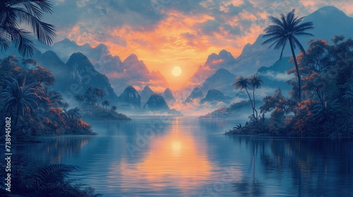 Malarstwo przedstawiające zachód słońca przy tropikalnej szerokiej rzece