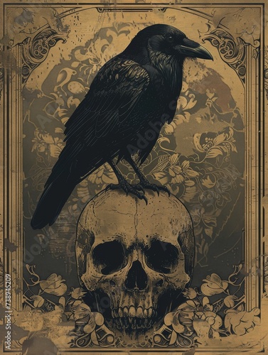 Crow perched on skull, ominous photo