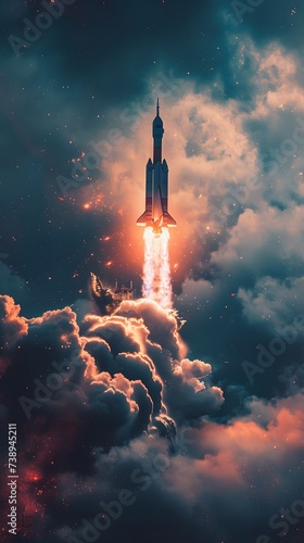a rocket flying through the clouds in space in the night
