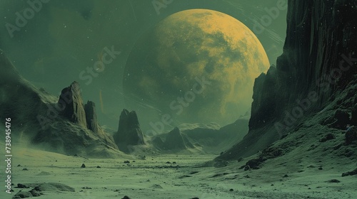 Fotografia przedstawia nieziemski krajobraz z górami, skałami oraz gigantycznym księżycem na tle grungeowego tła. photo