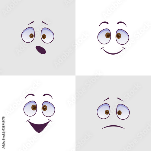 Obraz na płótnie cartoon mascot characters funny faces. old animation eyes and mouths elements. Vintage comic smile for logo vector set. caricatures with happy and cheerful emotions w salonie