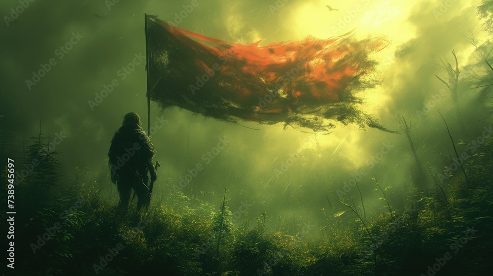 Mężczyzna przechodzi przez las, trzymając w ręku czerwoną flagę. - obrazy, fototapety, plakaty 