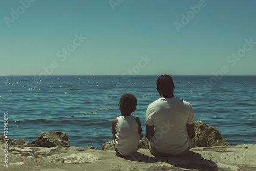 black father in a white t shirt and his son sitting by the ocean