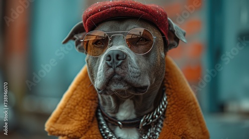Pies noszący okulary przeciwsłoneczne i czerwony kapelusz.