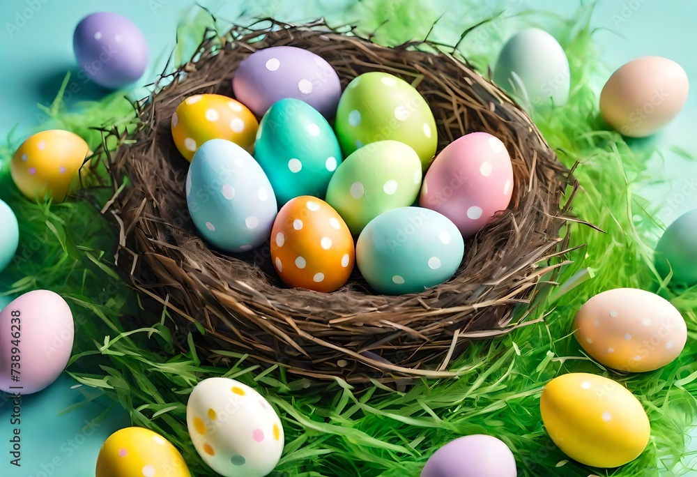 A close-up view of a vibrant Easter egg nest overflowing with brightly colored eggs, some patterned A close-up view of a vibrant Easter egg nest overflowing with brightly colored eggs, some patterned
