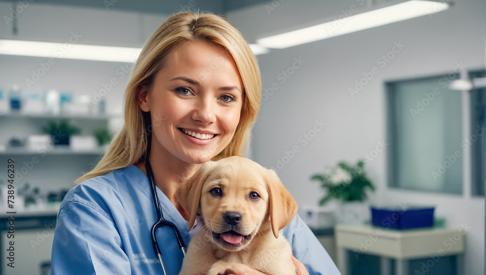 Woman doctor veterinarian and cute dog in the clinic examination