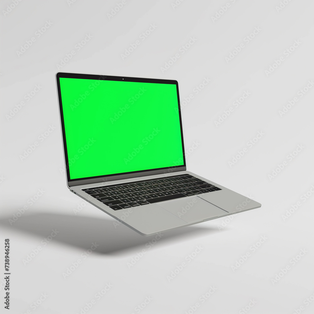 Laptop computer with green screen, floating on a grey background.
Laptop computer with green screen, floating on a grey background.