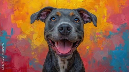 Na zdjęciu widać bliską fotografię szczęśliwego psa, którego paszcza jest otwarta, na tle kolorowej ściany