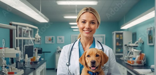 Woman doctor veterinarian and cute dog in the clinic looking photo