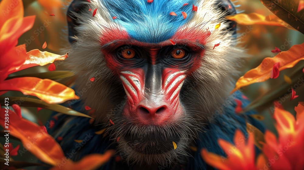 Zdjęcie przedstawia małpę o niebiesko-czerwonym obliczu, która jest otoczona liśćmi. - obrazy, fototapety, plakaty 