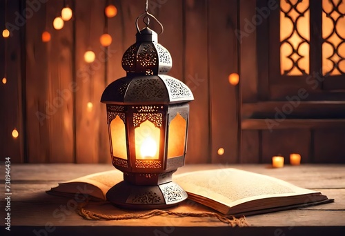 Arabic lantern ablaze with warm light, set upon a rustic wooden table against a serene Ramadan background