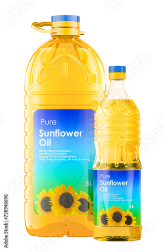 Sunflower Oil plastic bottles, 3D rendering isolated on transparent background photo