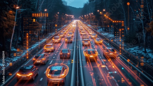Zdjęcie przedstawia zatłoczoną autostradę nocą, gdzie ruch jest intensywny. Widać analizę danych i wykresy