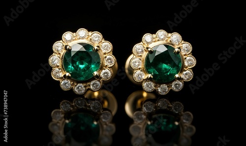 jewelry earrings with green emerald isolated on black background