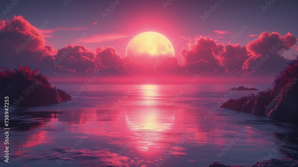 Słońce zachodzi nad powierzchnią wody, odbijając się na niej, tworząc piękne sceny różowego neonu - obrazy, fototapety, plakaty 
