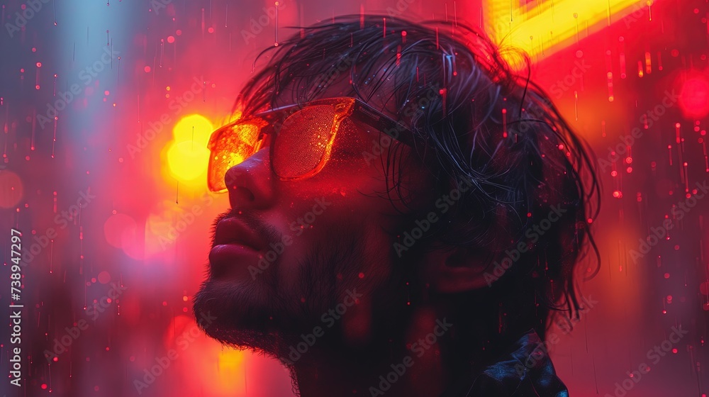Obraz premium Mężczyzna w okularach przeciwsłonecznych stojący w deszczu.