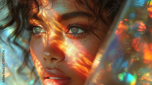 Zdjęcie przedstawia bliskie ujęcie twarzy kobiety przy przezroczystej zasłonce dającej efekt tęczy © Artur