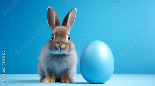  A playful bunny rabbit playfully nudging a vibrant blue painted egg, set against a soft blue background reminiscent of a clear spring day