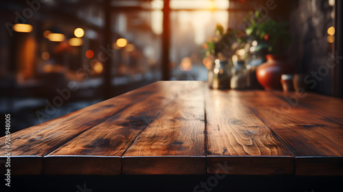 Beautiful empty brown wooden table top and blurred defocused modern kitchen interior background with daylight flare, product montage display