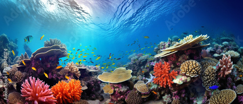 Vibrant coral reef teeming with diverse marine species, submerged in crystal-clear blue waters. © Szalai