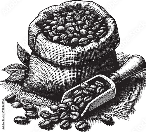 Burlap Sack With Coffee Beans And Shovel