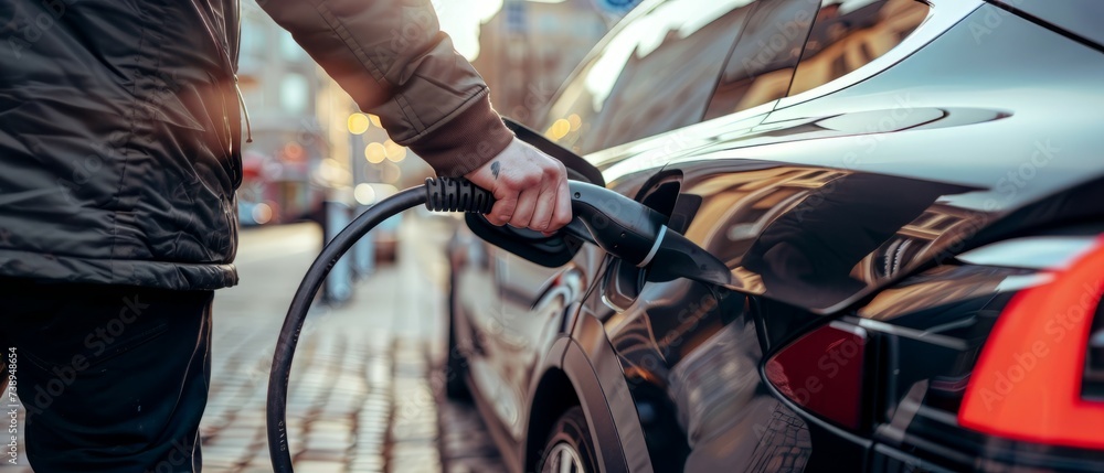 Close up of hand of a man charging electric car. An electric vehicle charging station in front of office building. Charging at work, workplace. Generative ai Close up of hand of a man charging electric car. An electric vehicle charging station in front of office building. Charging at work, workplace. Generative ai