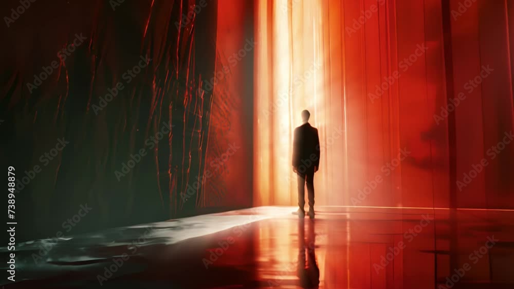 A man standing in a huge room, red beams of light A man standing in a huge room, red beams of light
