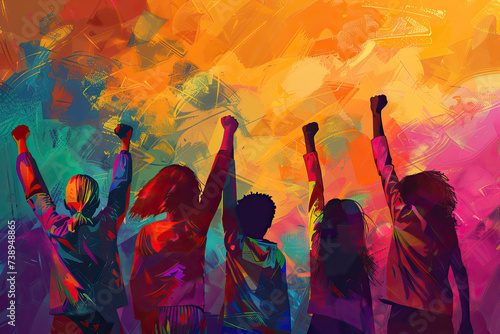 Colorful illustration of a group of women raising their fists. Gender equality and International Women's Day concept. photo