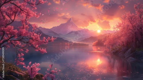 dramatic sunset over flowing clear river with blooming pink cherry blossom or pink sakura on tree on the way travel to Mardi Himal, Himalaya area, China. photo