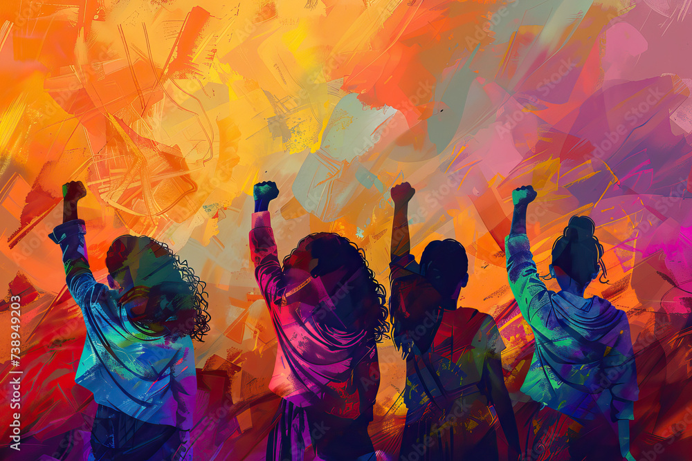 Colorful illustration of a group of women raising their fists. Gender equality and International Women's Day concept. - obrazy, fototapety, plakaty 