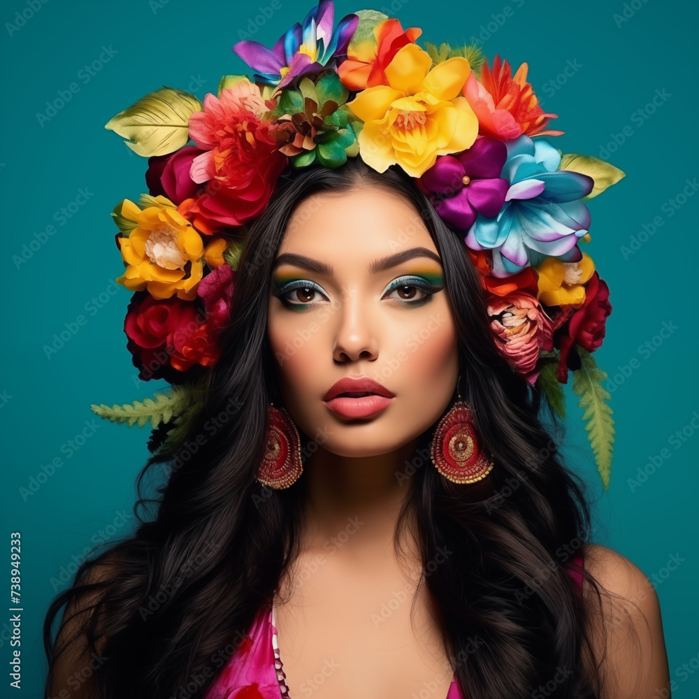 Exotic Beauty with a Lush Floral Crown: Vibrant Blossoms and Bold Earrings