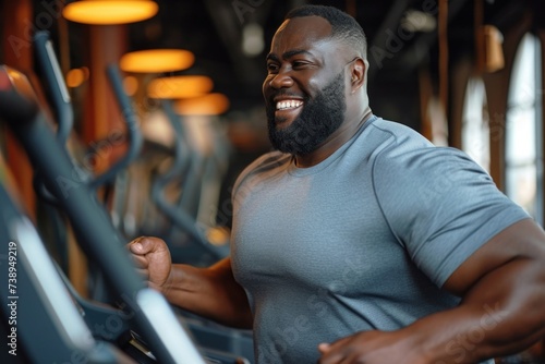  A powerful and plump African-American man is training intently in the gym, showing strength and determination