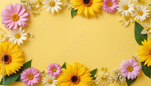 A banner of flowers on a yellow background for a greeting card template for a wedding or a women s holiday. A composition with space for its own text.