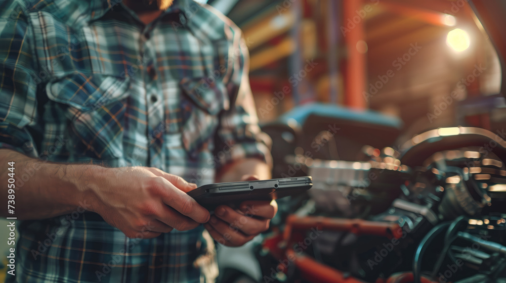 Mechanic using a tablet in front of a car engine inside a workshop. Mechanic using a tablet in front of a car engine inside a workshop.