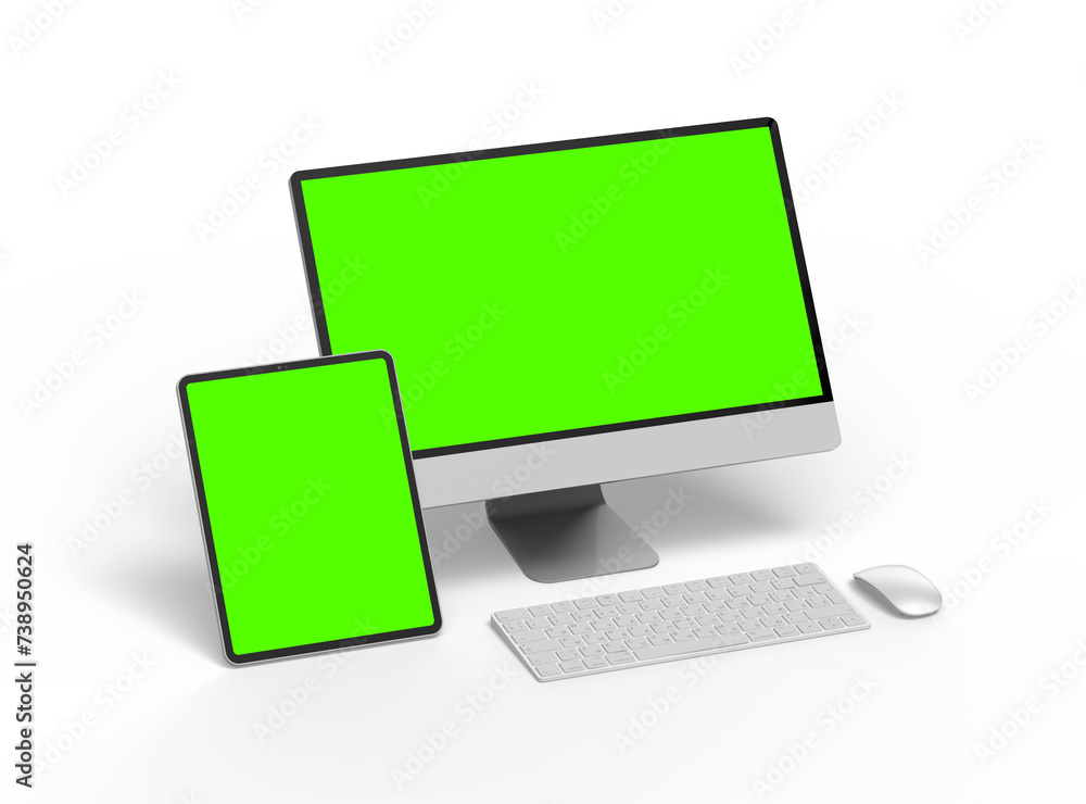 3d render of a desktop computer and tablet with a green screen on a transparent background. 3d render of a desktop computer and tablet with a green screen on a transparent background.