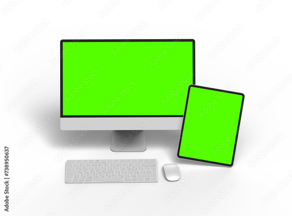 3d render of a desktop computer and tablet with a green screen on a transparent background. 3d render of a desktop computer and tablet with a green screen on a transparent background.