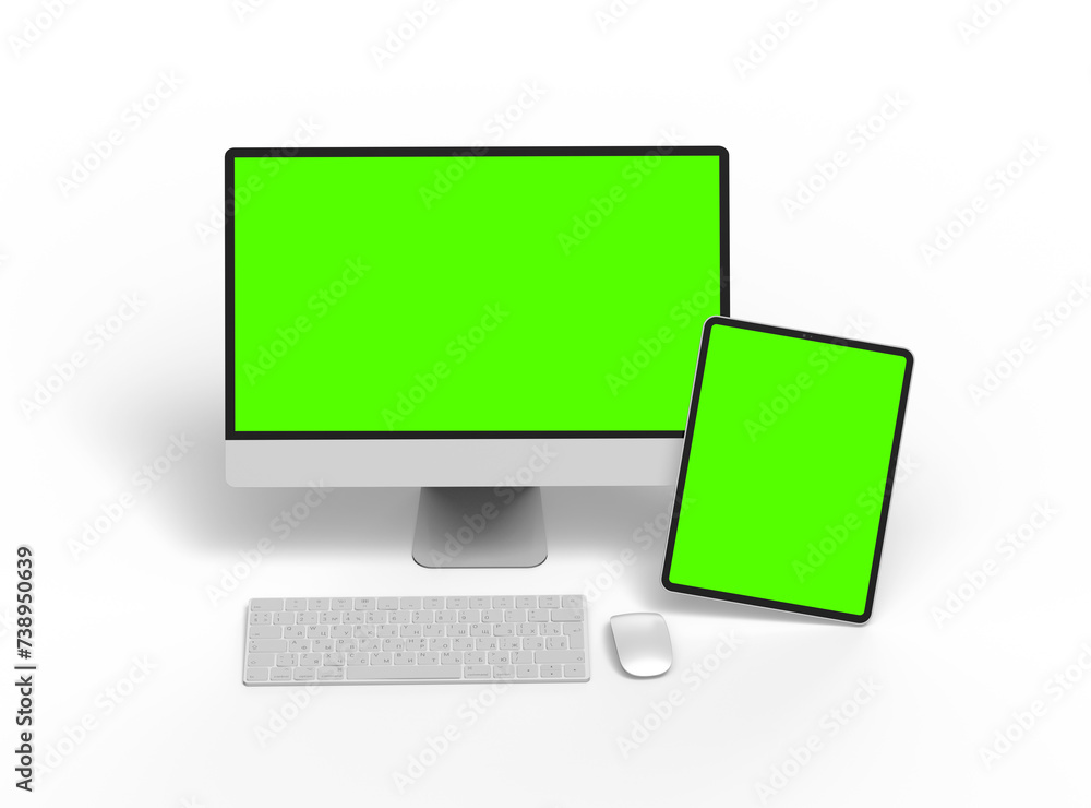 3d render of a desktop computer and tablet with a green screen on a light background. 3d render of a desktop computer and tablet with a green screen on a light background.