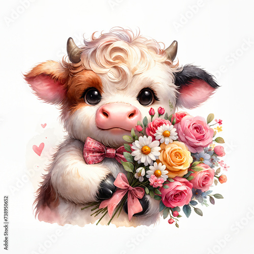Cute cow with flowers. Watercolor illustration for greeting cards and children s decor  stickers  nursery art. For Birthday  Valentine s Day and Mother   s day cards and invitations. 