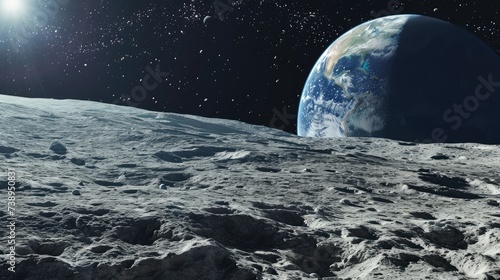 Fototapeta Naklejka Na Ścianę i Meble -  View from the Moon's surface with Earth rising over the horizon. The Earth is colored in blues, greens, and whites, contrasting the grey, cratered lunar surface. AI