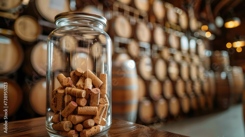 A glass jar filled with wine corks on a table with rows of wooden barrels in the background.