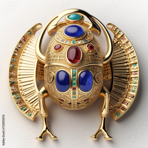 Golden scarab beetle with precious stones, Egyptian jewelry.