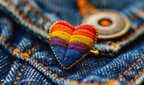 Rainbow colored heart pin on blue denim fabric, a subtle statement of LGBTQ+ pride and support, conveying a message of love and equality