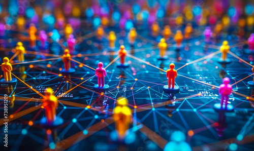 Colorful figurines connected by lines on a network grid illustrating concepts of social networking, community, connectivity, and teamwork in a digital era photo