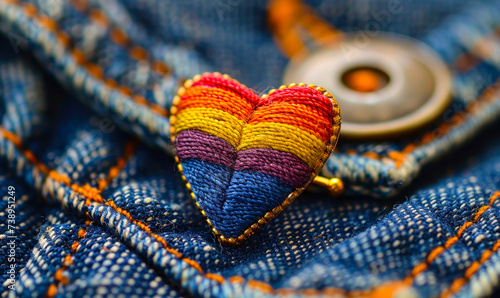 Rainbow colored heart pin on blue denim fabric, a subtle statement of LGBTQ+ pride and support, conveying a message of love and equality photo