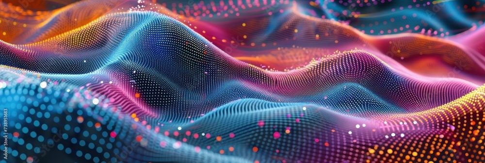 Abstract digital wave of particles, futuristic background with flowing neon colors and dots.