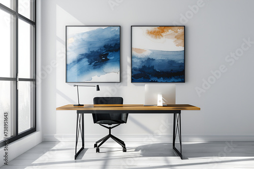 Minimalist modern workplace, table, chair, two abstract paintings on the wall