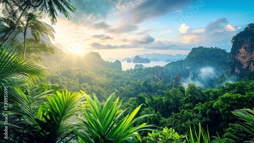 Tropical jungle with mist and sunrise over mountains representing travel  adventure  nature  exploration  and serenity.