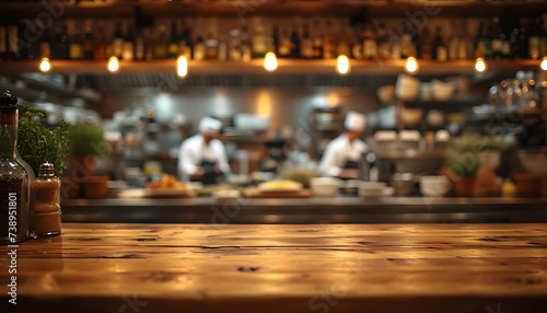 Wood table top with blur of people in coffee shop or restaurant, nightclub, pub on background. photo