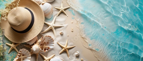 Summer beach accessories with starfish and shells on sand by the ocean - holiday background. photo